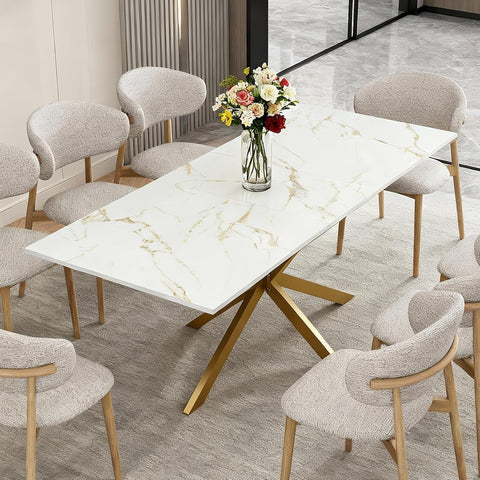 63"-79" Extendable Dining Table for 6-10 People, Modern Rectangle Extendable Kitchen Table with Gold Faux Marble