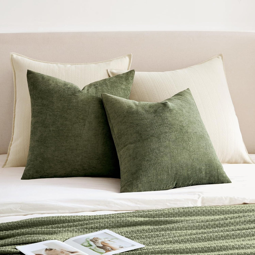 Olive Green Couch Pillow Covers 18x18 Inch, Set of 2 Soft Chenille Decorative Square Throw Pillow Covers Farmhouse
