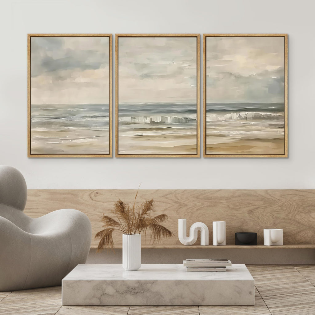 Framed Canvas Print Wall Art Set Coastal Serenity Abstract Seaside Illustrations Modern Art Decorative Rustic