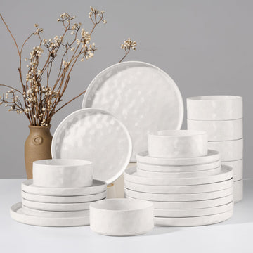 Dinnerware Sets, 24-Piece Plates and Bowls Set, Speckled White