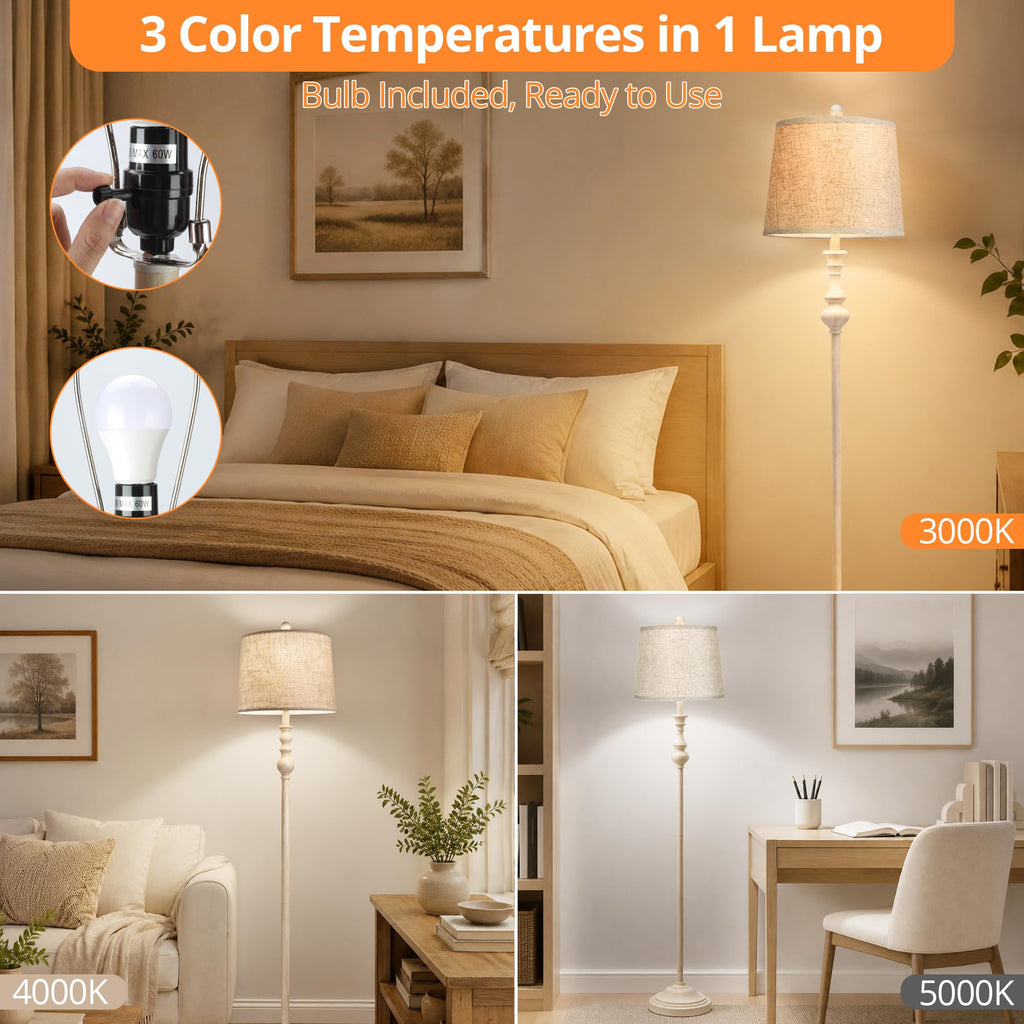 Farmhouse Floor Lamp, 62" Tall Rustic White Lamp