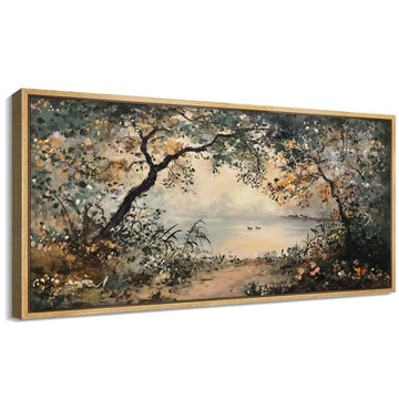 Extra Large Framed Canvas Print Wall Art Tranquil Forest Lake Impressionist Nature Landscape Illustrations Modern Art