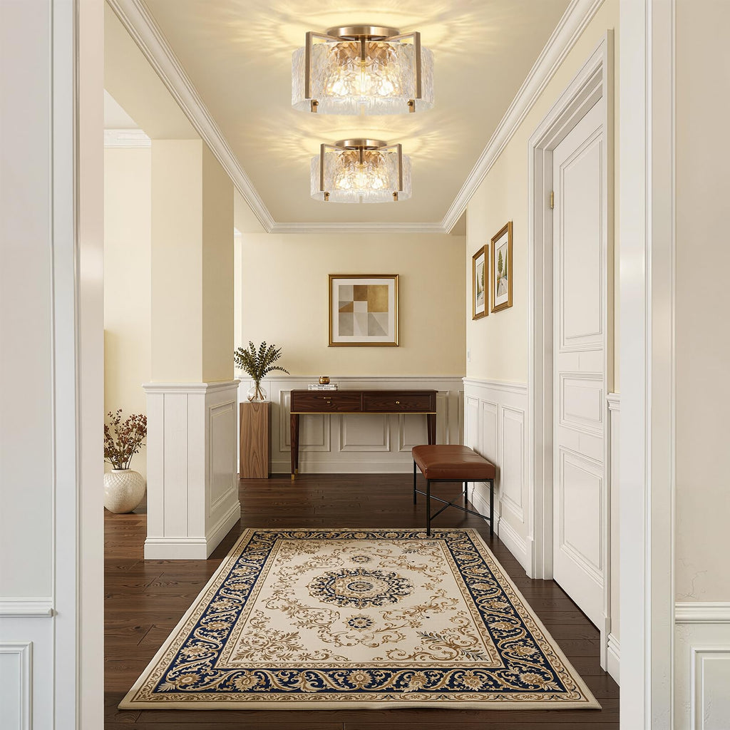16'' Gold Semi Flush Mount Ceiling Light, 4-Light Glass Drum Light Fixtures