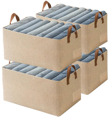 Linen Closet Organizer Storage Bin with Steel Frame, Stackable Fabric Jeans Baskets for Shelves, 4 Packs Foldable