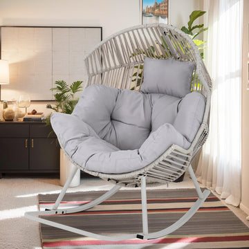 Wicker Egg Chair PE Rattan Rocking Chair with Cushion, Oversized Patio Lounge Rocker Chair for Outdoor, Indoor