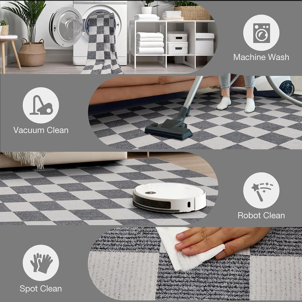 Washable Rug 5x7 ft Checkered Rug, Grey and White Area Rug, Boho Large Rugs, Low Pile Lightweight Indoor Carpet with