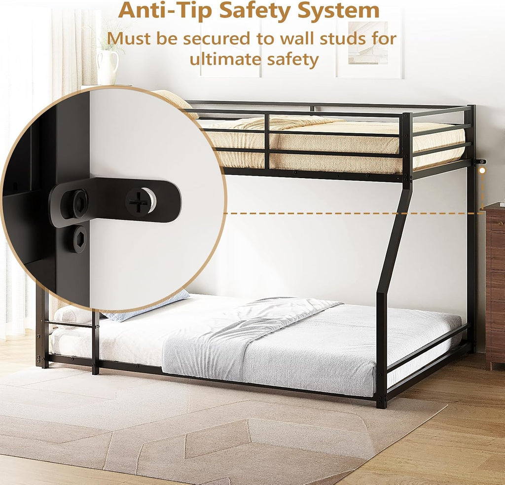 Bunk Bed Twin Over Full, Metal Bed Frame with Safety Guardraild for Boys Girls, Junior