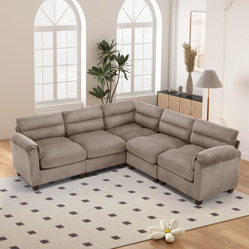 90" Wide Modular Sectional Corner Sofa Couch, Oversized Corduroy L Shaped 5-Seater Couches with Rolled Arms and