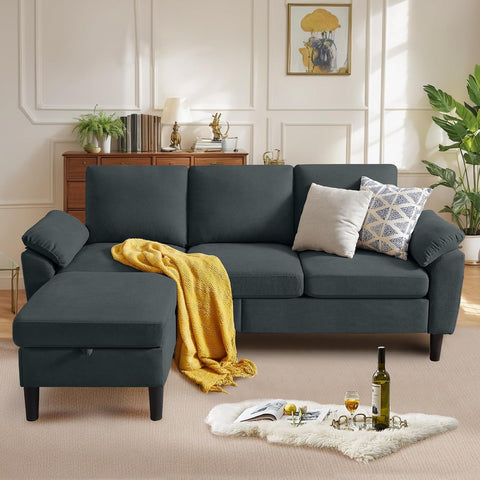 Convertible Sectional Sofa, Modern L Shaped 3-seat Sofa, 79" Linen Fabric Small Sectional Couch with Movable Ottoman