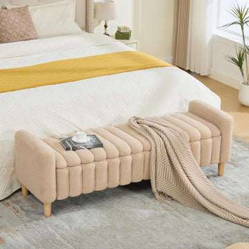 63.5" Oversize Storage Ottoman Bench, Teddy Upholstered End of Bed Bench with Wave Channel Tufted Flip-Top, Modern