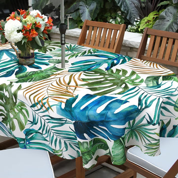Tropical Leaves Outdoor Tablecloth with Umbrella Hole for Oval Table, Waterproof Green Leaf Patio Table Cloth with