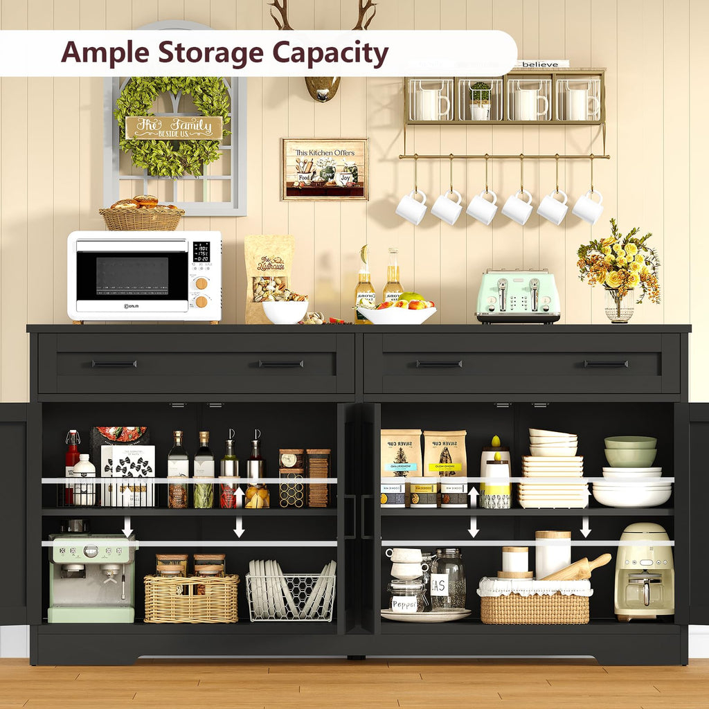 63" Buffet Cabinet with Storage, Sideboard Cabinet with 2 Adjustable Shelves and 4 Doors, Modern Farmhouse Coffee Bar