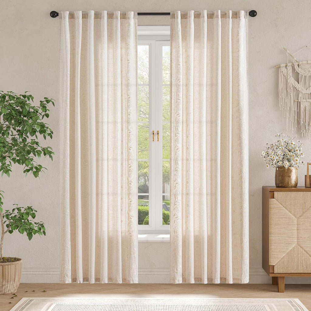 Winslow Linen Curtains for Bedroom 84 Inches Length Embroidered Bordered Floral Curtains for Living Room Farmhouse