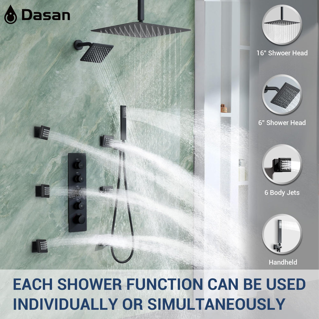 Thermostatic Dual Shower Head System with 6 Body Jets, 6-Inch Shower Head & 16" Rainfall Shower, Luxury Matte Black