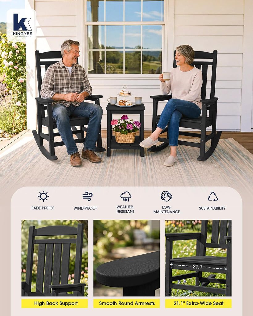 Oversized Outdoor Rocking Chairs Set of 2, HDPE Porch Rocker, Black | - Rocking Chairs for Outdoor with Wide Seat