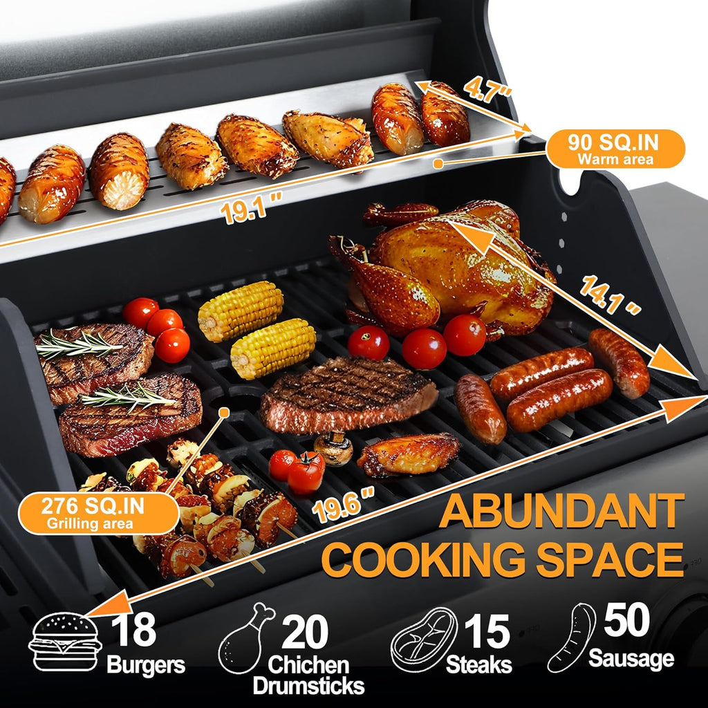 3-Burner Propane Gas Grill with Side Burner, 39,000 BTU BBQ Grill with Cast Iron Grates, Double-Layer Stainless Steel Lid and Grease Management