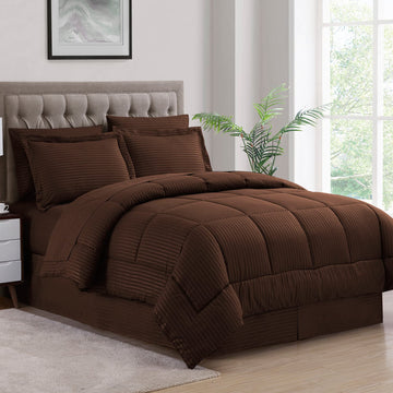 8 Piece Comforter Set Bag with Dobby Stripe Design, Bed Fitted, 1 Flat Sheet, 2 Pillowcases, 2 Shams, Chocolate