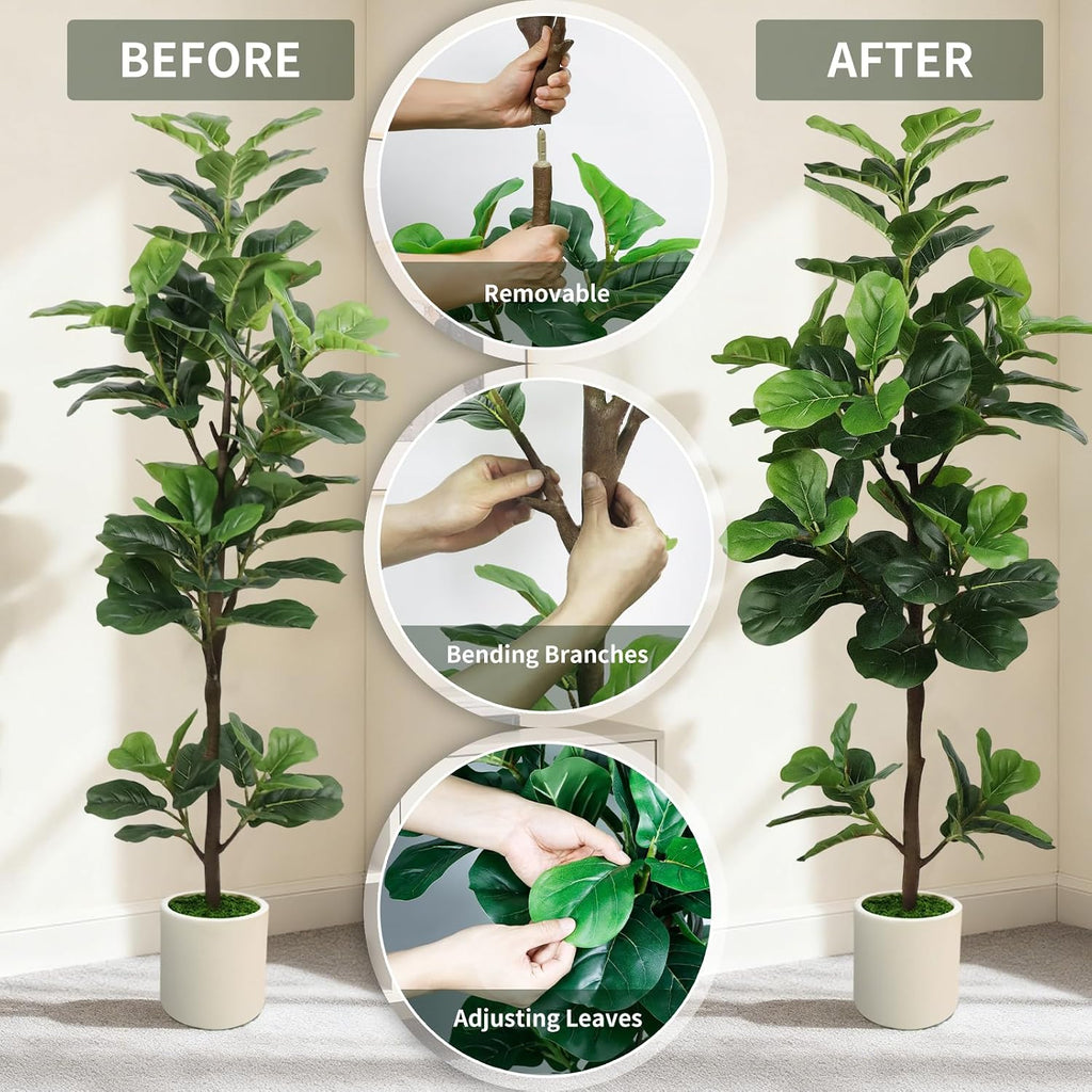 5FT Artificial Fiddle Leaf Fig Tree with White Planter & Fake Moss, Realistic Faux Ficus Lyrata Floor Plant Home