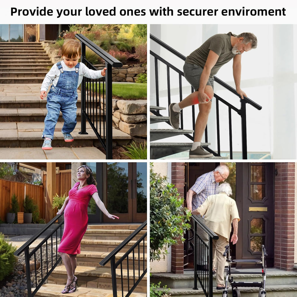 Upgrade 2 in 1 3 Step Stair&Horizontal Handrails, Adjustable 40"x38" Stair Railing Kits, Black Wrought Iron Hand
