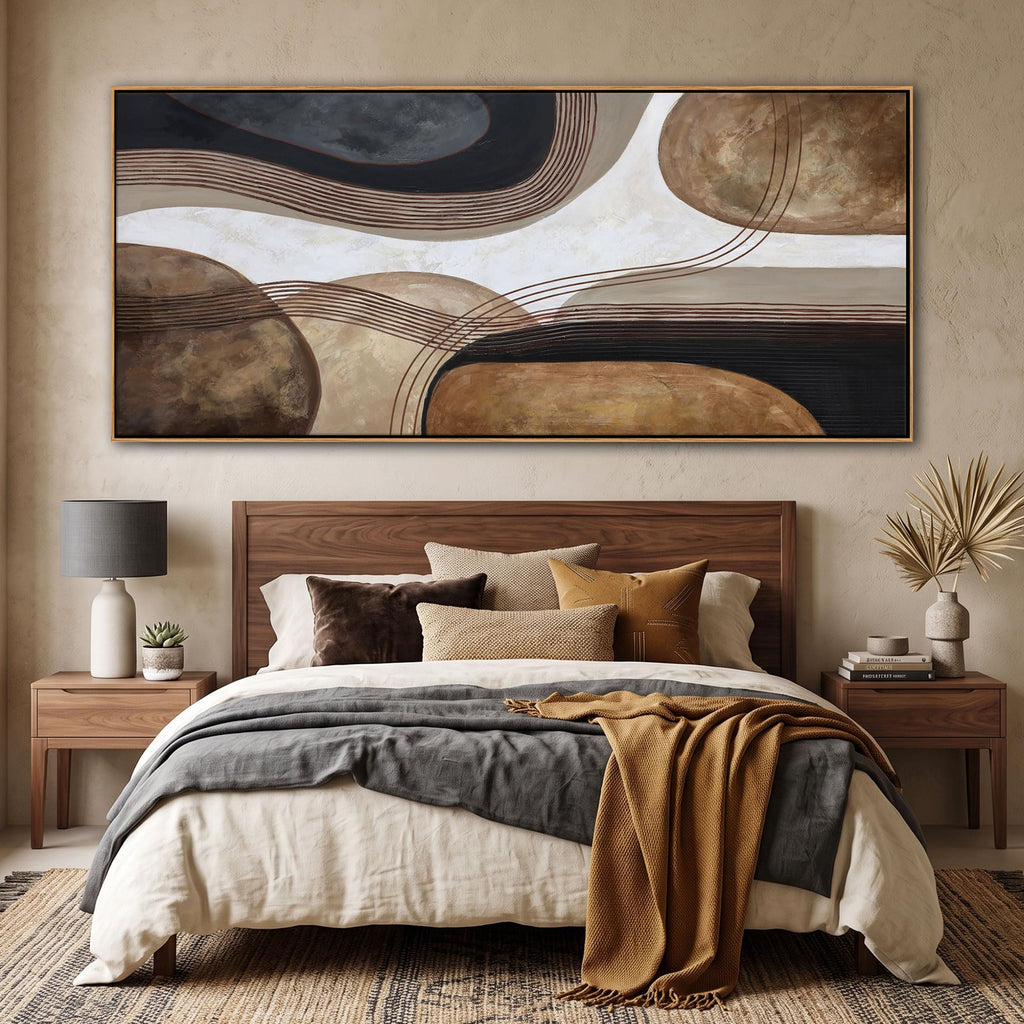 Large Brown and Black Abstract Canvas Wall Art - Modern Framed Artwork, Minimalist Neutral Bedroom Wall Decor Above