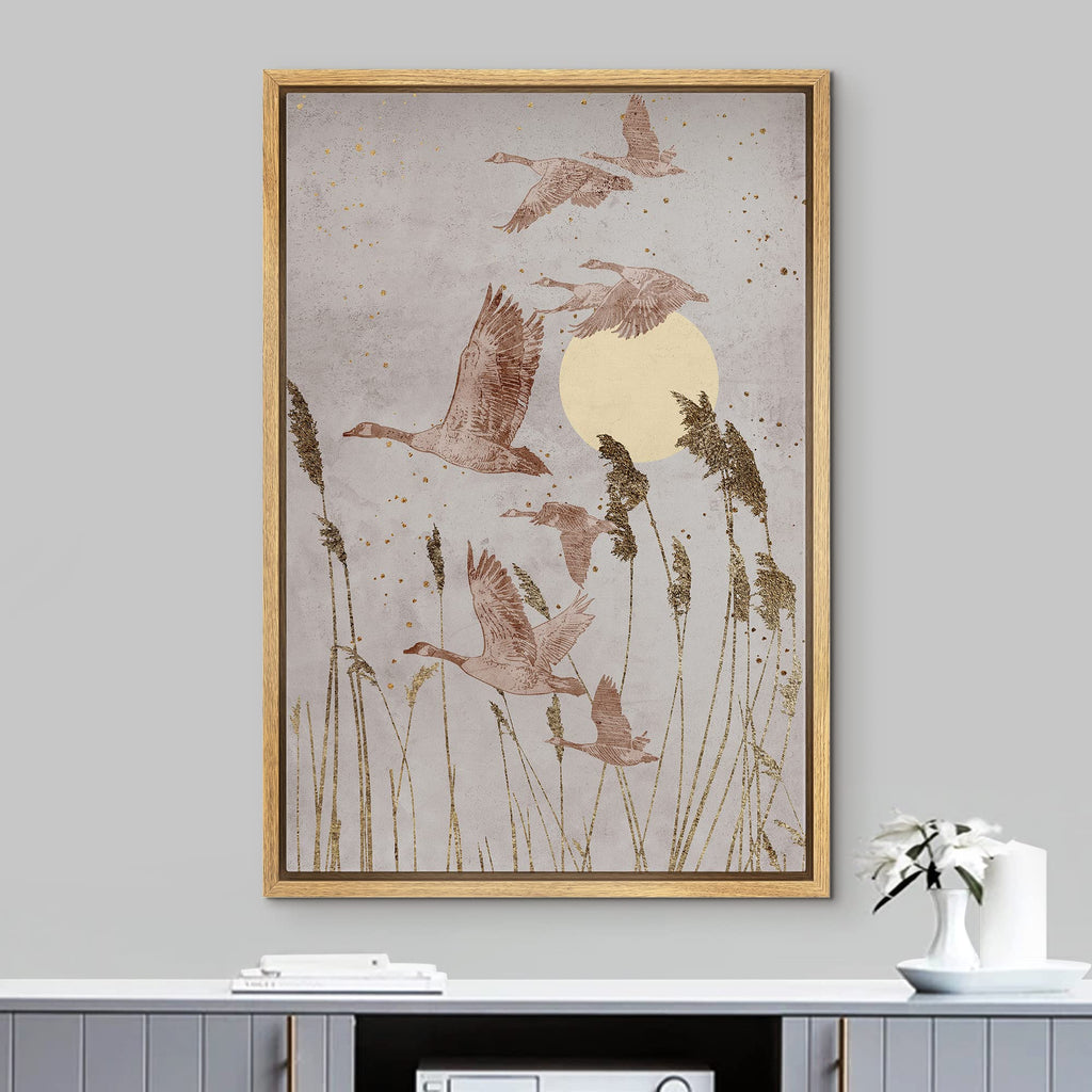 Framed Canvas Print Wall Art Crane Bird Wheat Field Sunlight Nature Wilderness Illustrations Modern Art Decorative