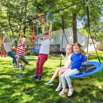 65 ft Ninja Warrior Obstacle Course for Kids with Saucer Tree Swing