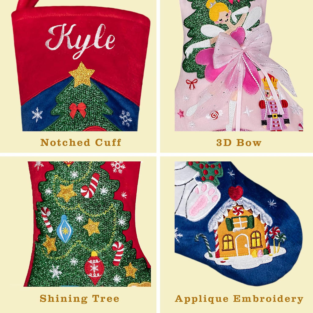 Set of 6 Christmas Stockings Embroidered 20" Velvet Large Family Xmas Tree Stocking 6 Pack Shining Cute Cartoon Soft