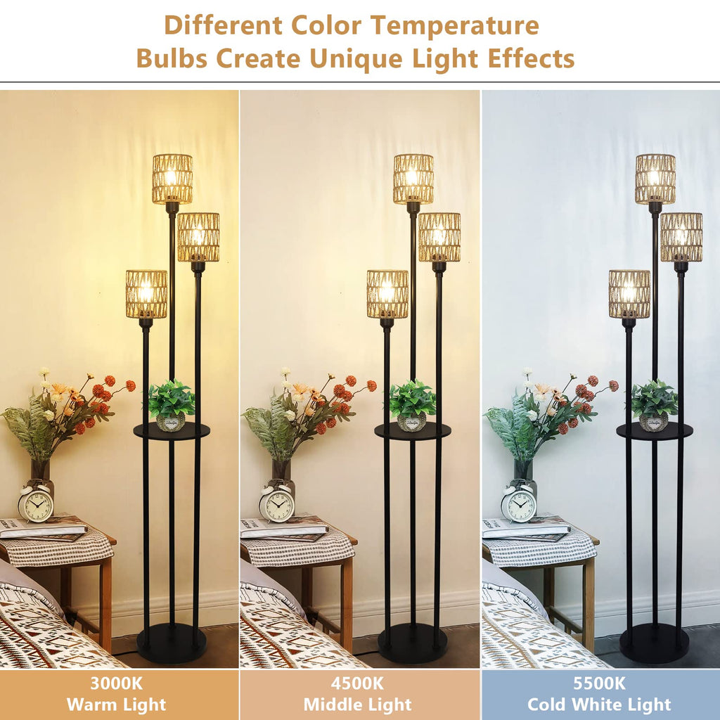 Boho Floor Lamp with Shelves, 3-Lights Farmhouse Tall Floor Lamp with ON/Off Foot Switch, Rustic Standing Lamp with
