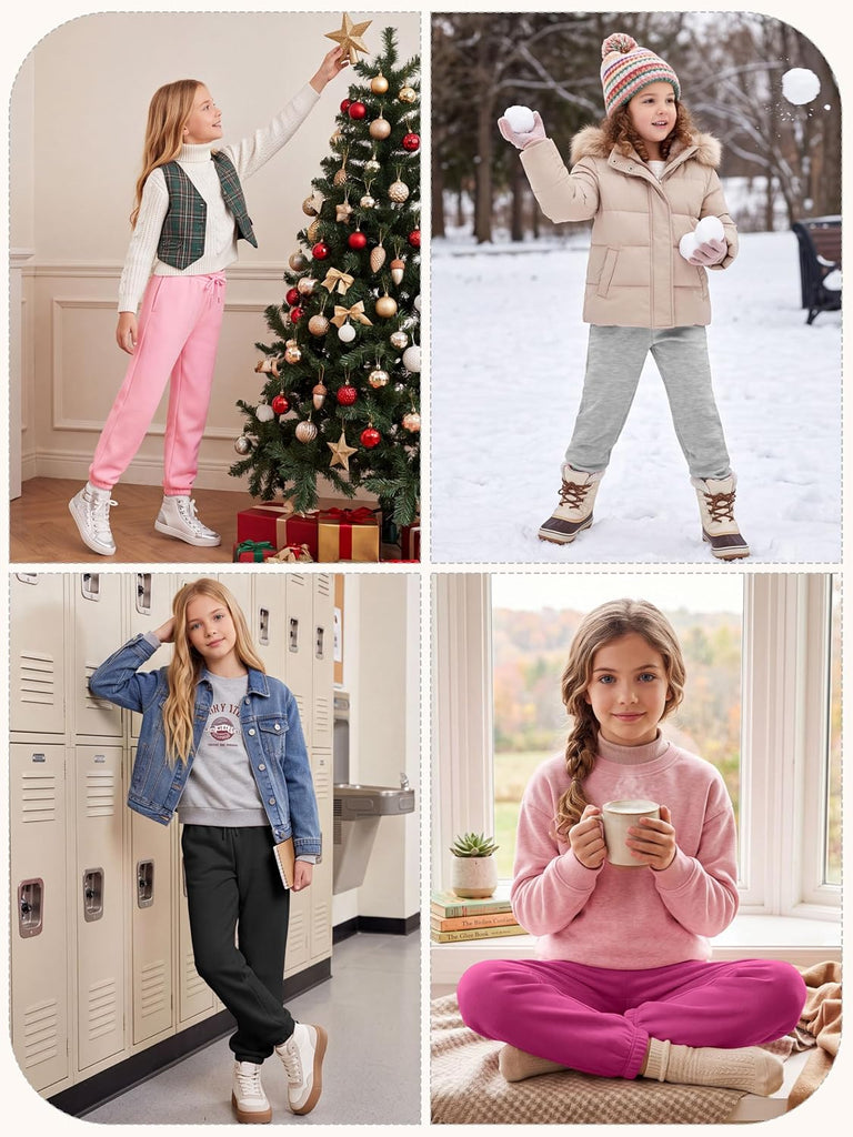 4 Pack Girls Fleece Lined Joggers Winter Sweatpants Cotton Blend Warm Drawstring Athletic Pants with Pockets for Kids