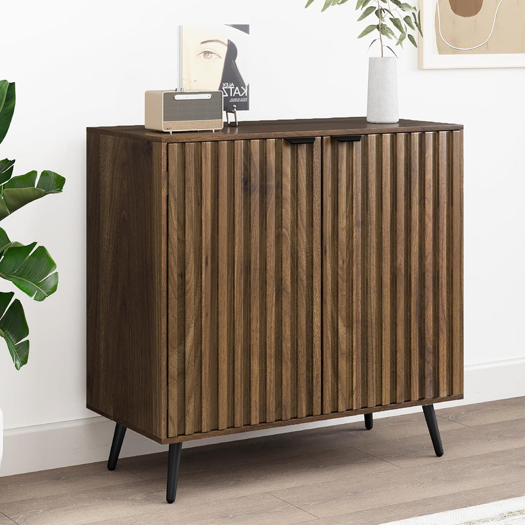 Fluted Sideboard Cabinet, Freestanding Walnut Buffet Cabinet with Adjustable Shelf, Wood Storage Cabinet