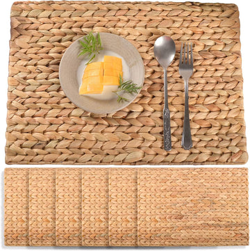 Water Hyacinth Rectangular Placemats, 17 x 12 Inch Woven Rattan Table Mats for Dining Table, Heat Resistant - Set of 6