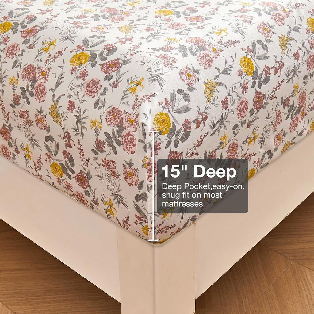 Floral Queen Sheet Set - 4 Piece Vintage Pink & Yellow Flower Patterned Bed Sheets - Soft, Breathable Microfiber