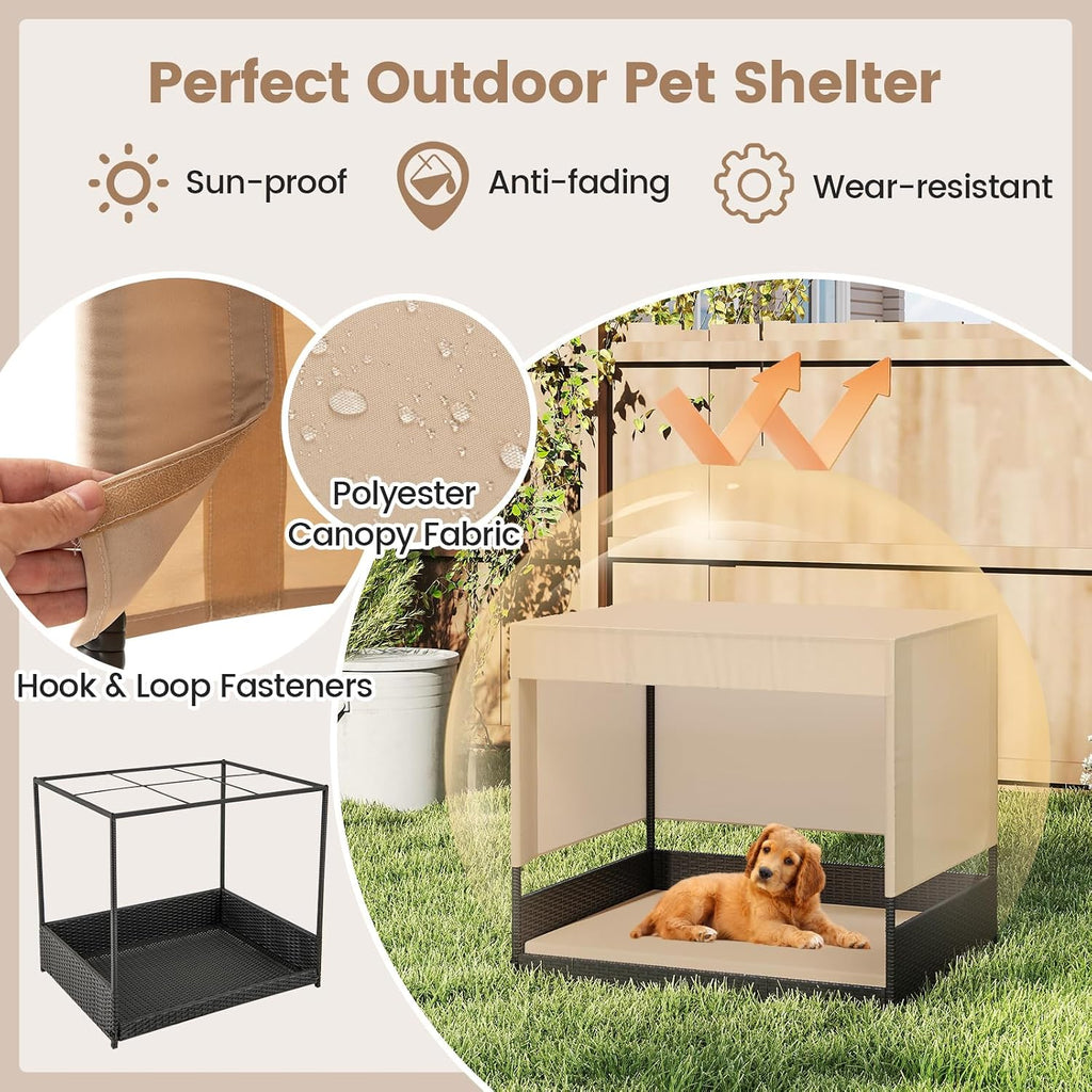 Elevated Wicker Dog House for Small to Medium Breeds, Raised Rattan Pet Sofa Bed with Removable Cushion, Canopy Roof