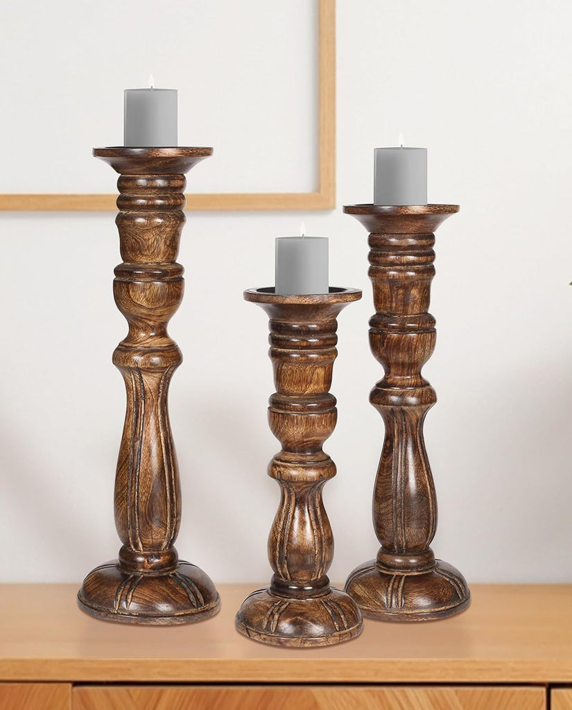 Wooden Candle Holder Set of 3, Tall Natural Burnt Pillar Candle Holders, Rustic Farmhouse Decor, Brown Wooden Candle