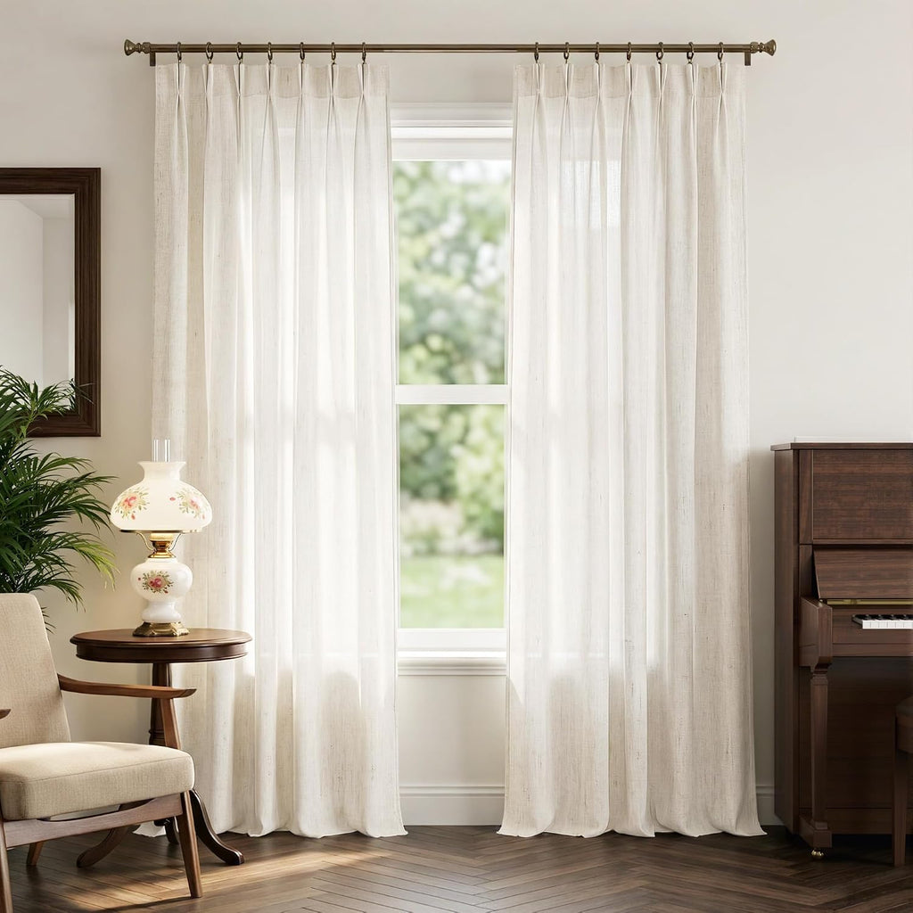 Pinch Pleated Linen Blend 108 inch Curtains, Thick Flax Privacy Added with Light Filtering Drapes Relax Window