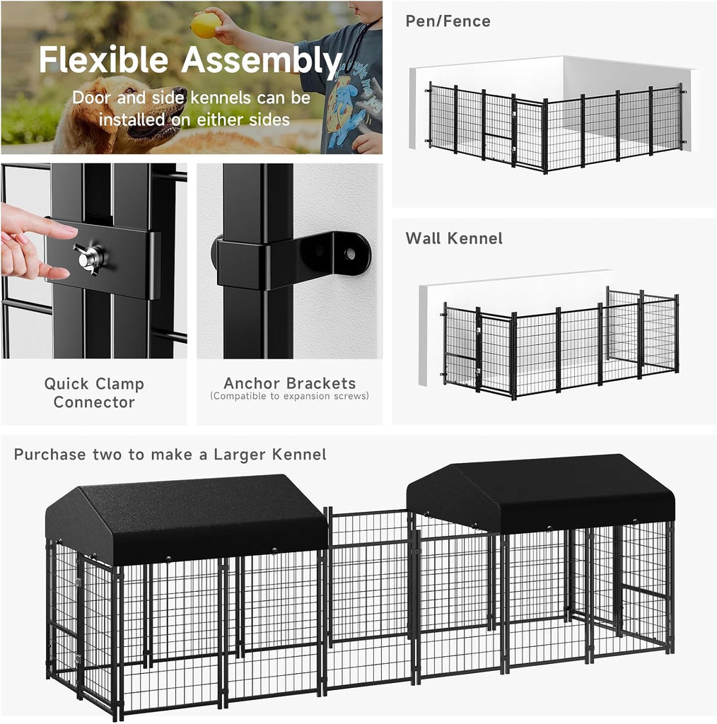 Dog Kennel Outdoor, Outside Dog Kennel with Roof & Removable Doggy Door Allow Connecting Your Dog House, Square Pet