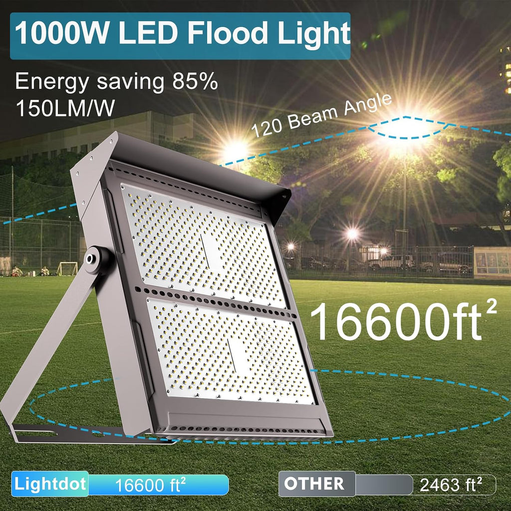 Upgrade 1000W LED Flood Light Outdoor with Brim 150000Lm Led Stadium Light with Adjustable Bracket, IP65 AC100-277V
