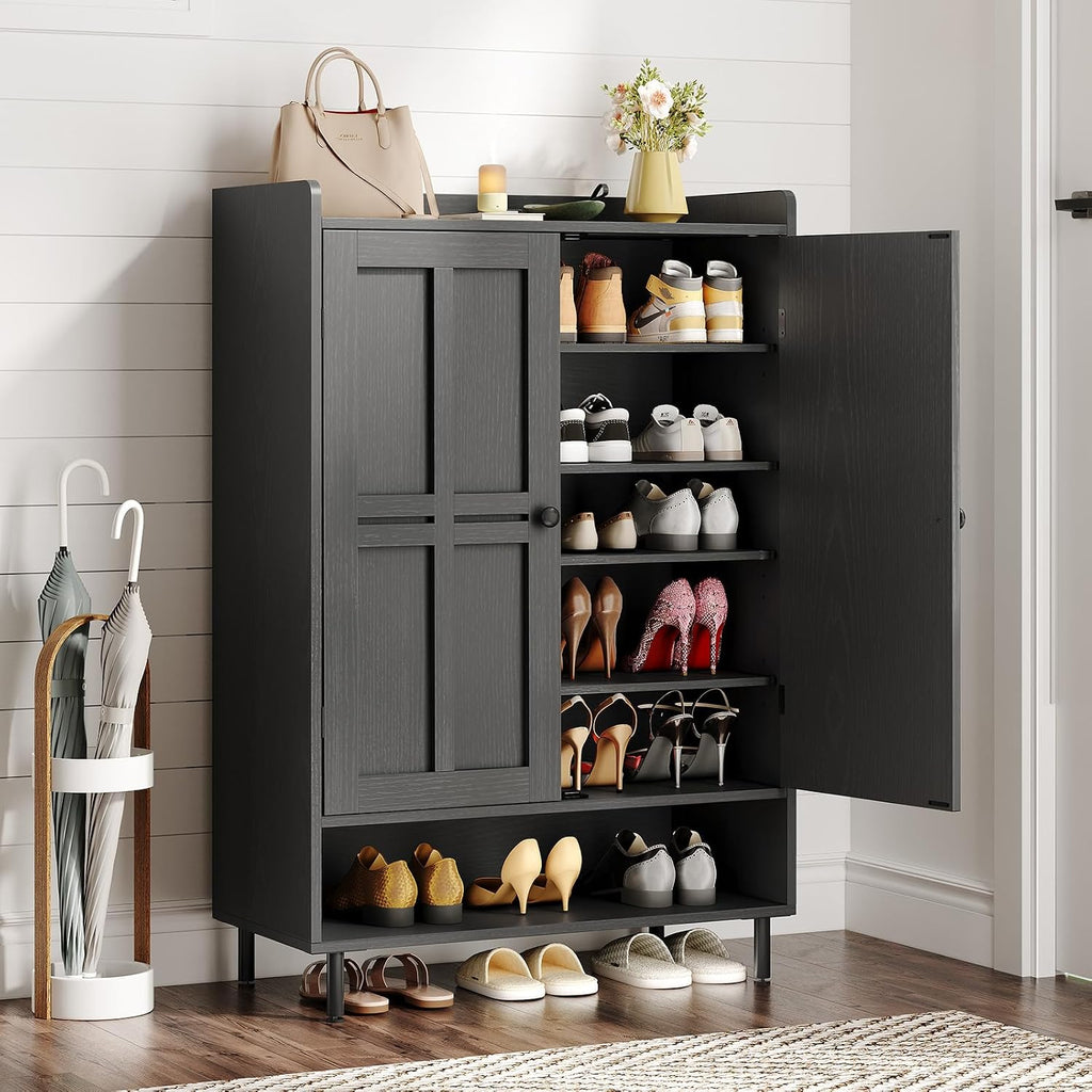 Shoe Cabinet with Cross Molding Doors, 6-Tier Shoe Storage Cabinet with 3 Adjustable Shelves and Metal Legs, 45''