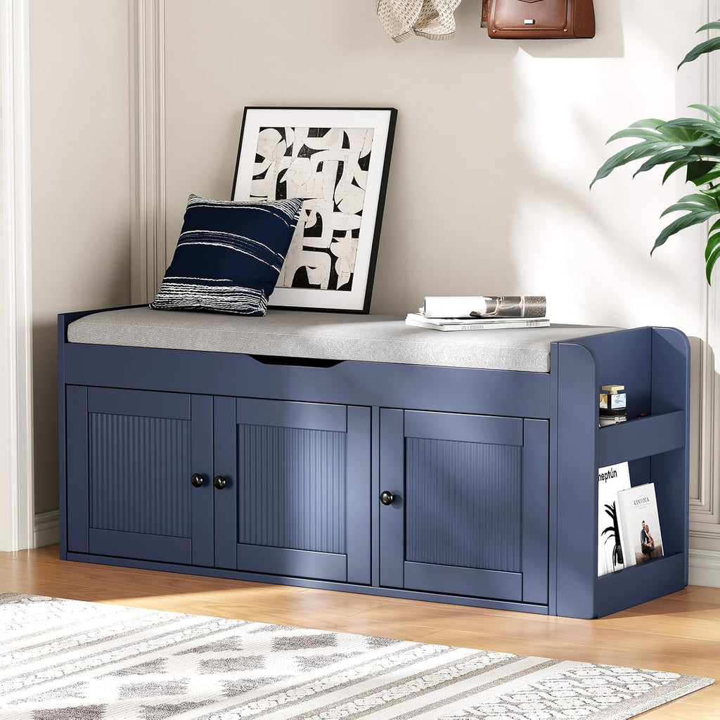 42.6" Entryway Shoe Storage Bench with Padded Seat, 3 Doors and Side Shelves, Lift Top Storage Bench for Shoes