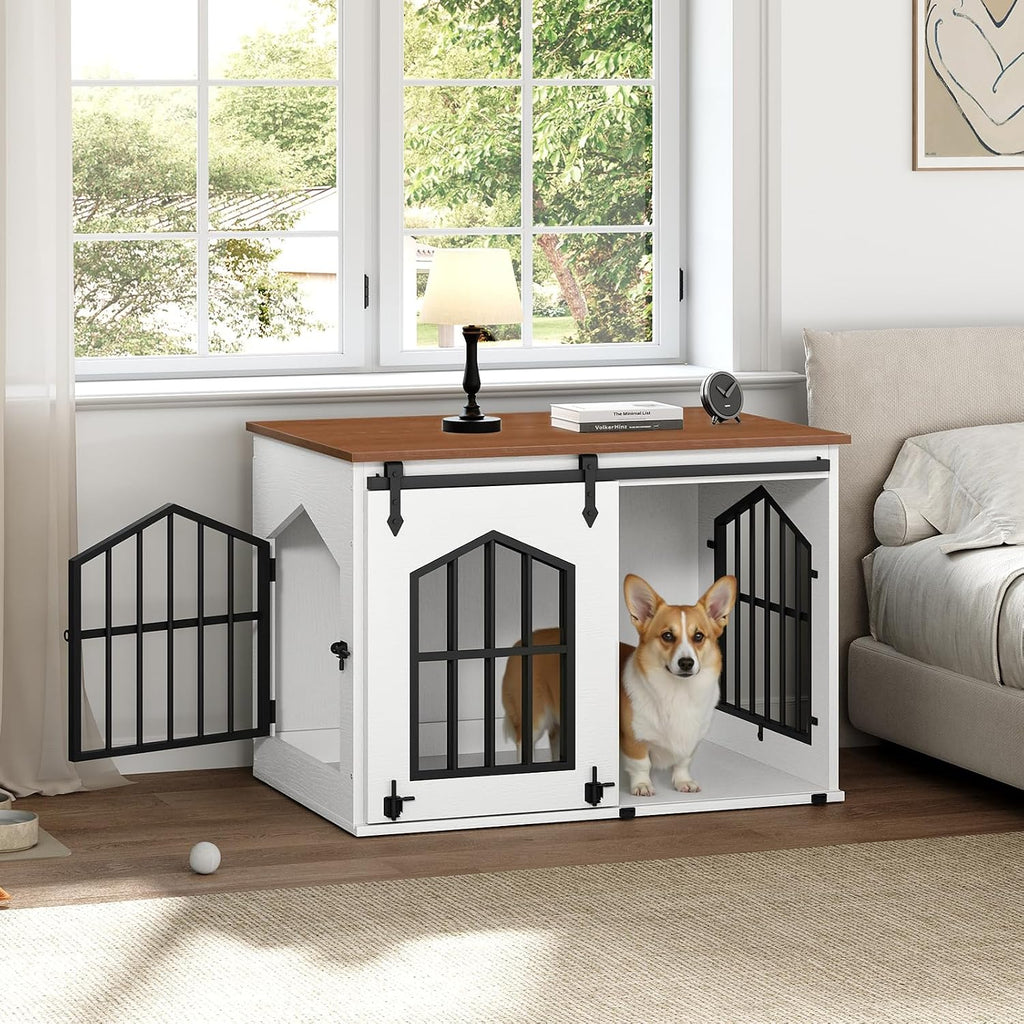 Dog Crate Furniture, Farmhouse Dog Kennel with Sliding Barn Door, Wooden Dog Cage for Small Medium Dogs
