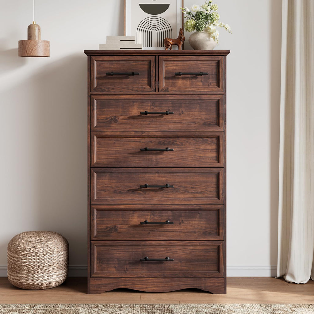 Walnut 7 Drawer Dresser, 52" Tall Chest of Drawers