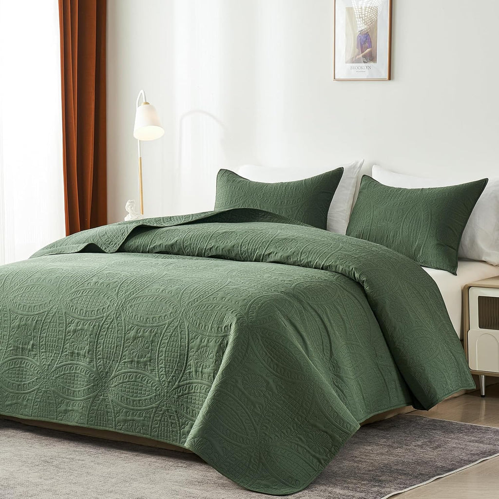 Queen Quilt Bedding Set,Olive Green Ultrasonic Full/Queen Quilt Set,Lightweight Soft Bedspread Coverlet,Modern Style