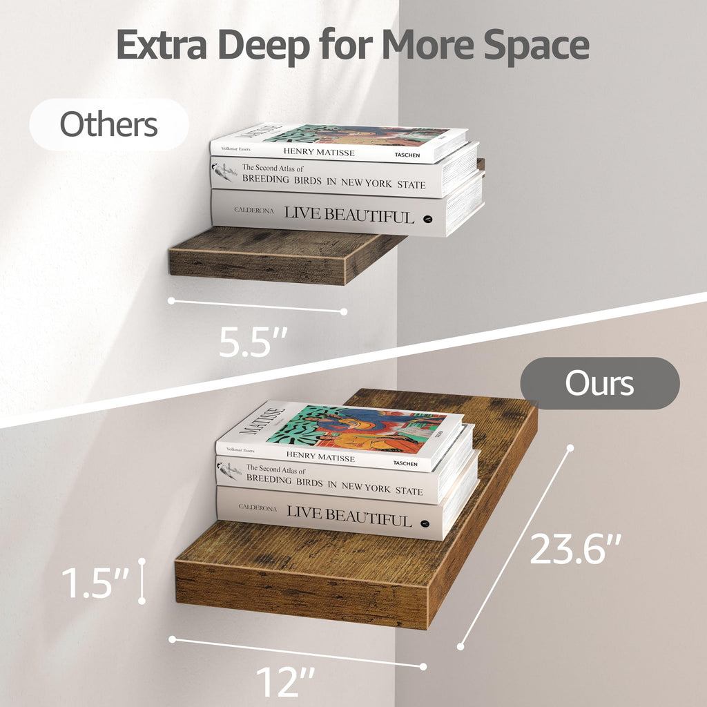 12" Deep Floating Shelves for Wall (Brown, Set of 3, 23.6" x 12")
