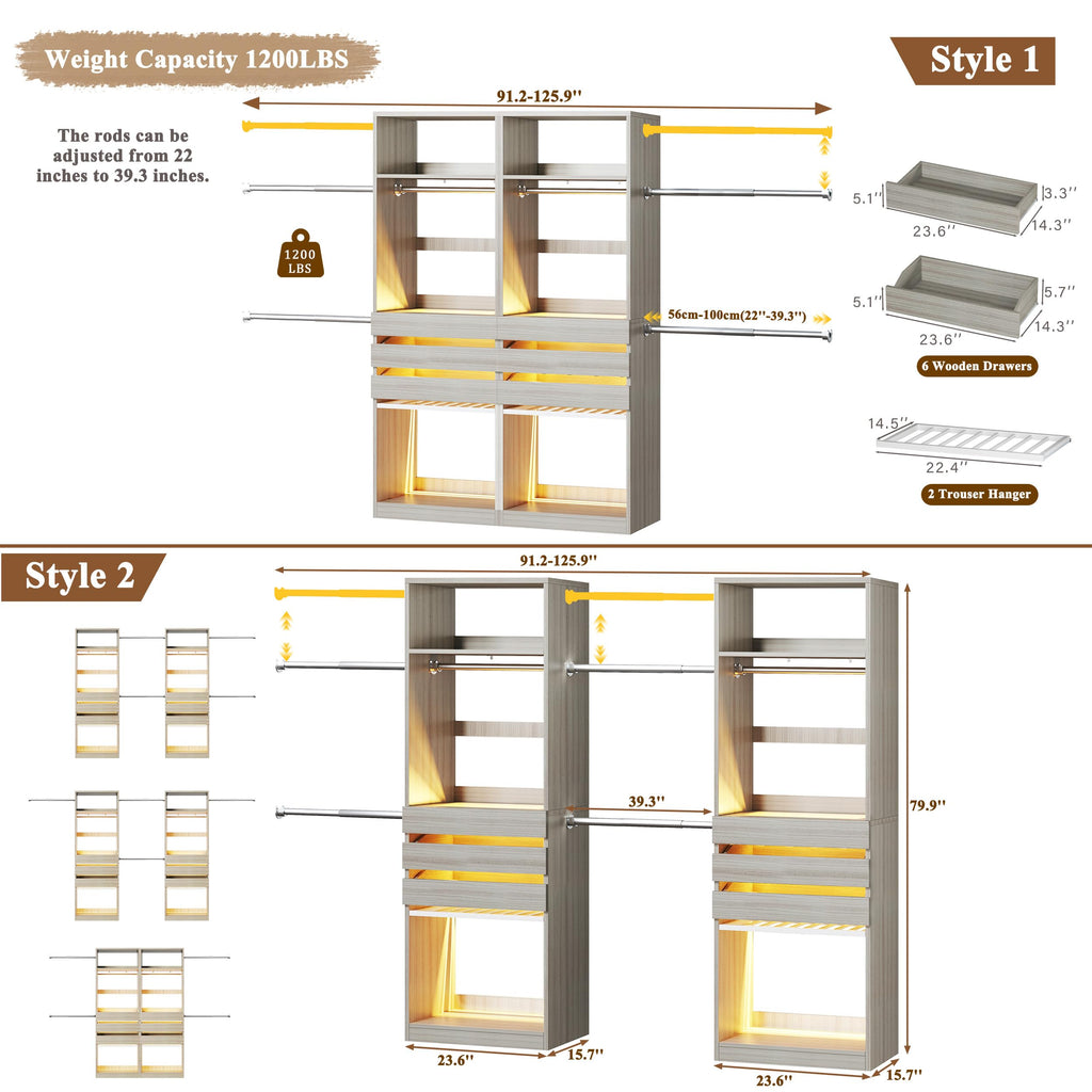 Closet System Set of 2, 5.7-10.4FT Closet Organizer System with 6 Drawers