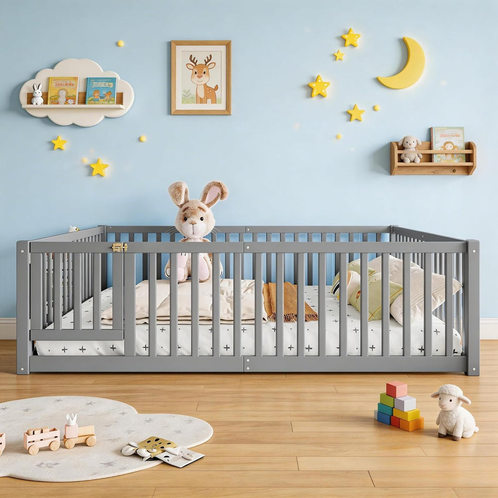 Queen Size Floor Bed with Detachable Door, Wood Kids Floor Bed Queen with Full-length Guardrails, Montessori Floor