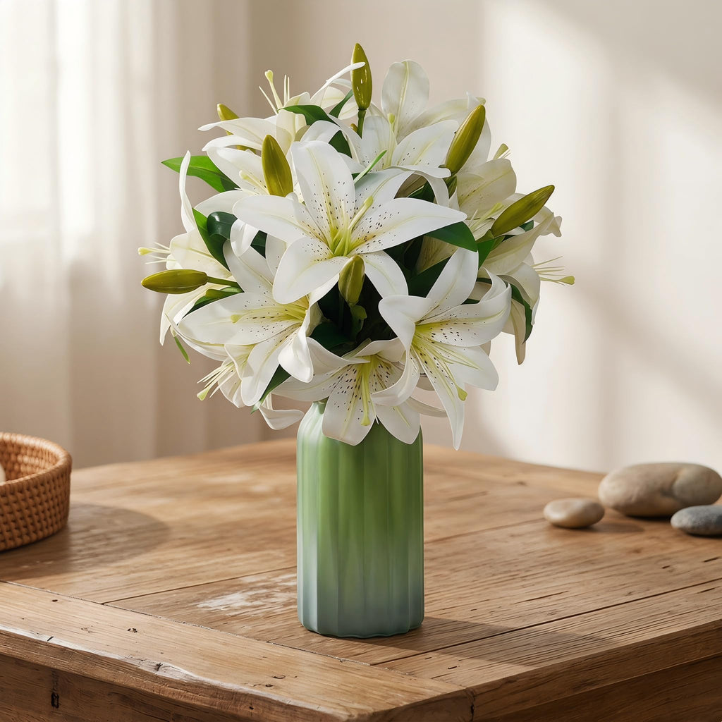 Artificial Lilies Flowers, 9 Pcs Faux Lily Flowers, 16''Tiger Lily Branches with 2 Full Blooms and 1 Bud, Faux Fake