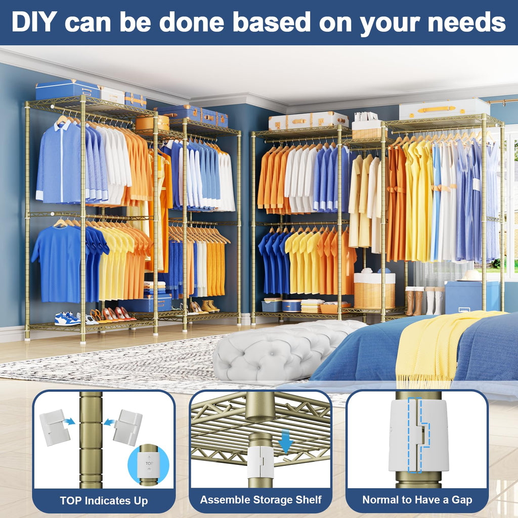 E12 Pro Clothes Rack, Heavy Duty Freestanding Garment Rack with Shelves, Metal Clothing Closet Storage System for
