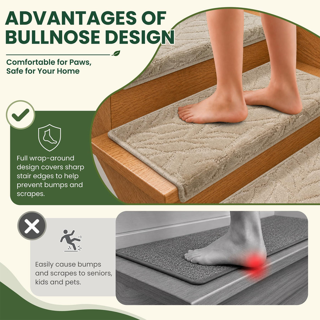 Bullnose Stair Treads for Wooden Steps, Indoor, 7Pcs, Beige