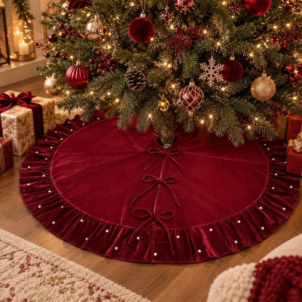Christmas Velvet Tree Skirt 60 Inch, Wine Red Burgundy Xmas Tree Skirt with Pearl Beaded Ruffle Trim and 3 Bow Ties