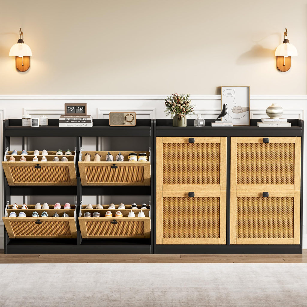 Shoe Storage Cabinet with 4 Deep Flip Drawers, Wood Shoe Cabinet with Rattan Doors and Adjustable Shelves